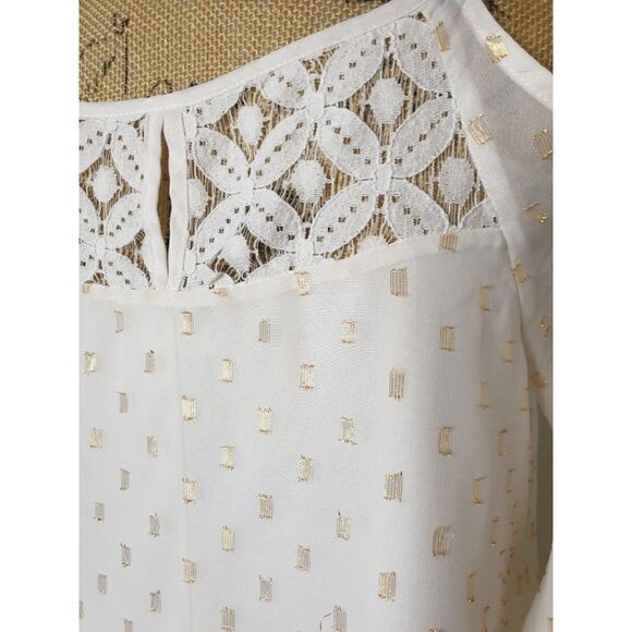 Women's Cold Shoulder Blouse Crochet Lace Gold Detail Layer Chiffon Top M - Picture 4 of 6